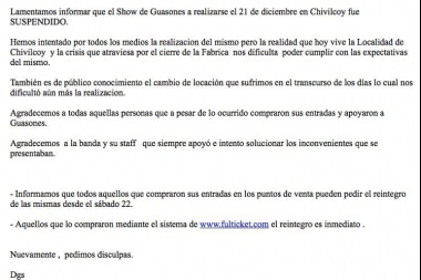 Ante el cierre de una fábrica que dejó 600 personas en la calle, Guasones suspendió su show en Chivilcoy