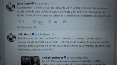 En twitter, Aníbal Fernández chicaneó con la lluvia y Garro le puso los puntos