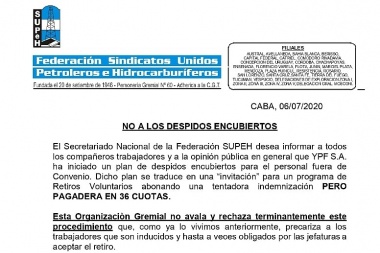 YPF ofrece doble indemnización a los que acepten retiro voluntario y el gremio les recomienda meditarlo mucho