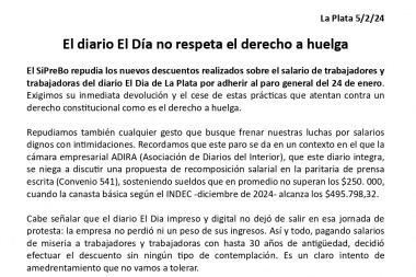 Denuncian al diario El Día de La Plata por no respetar el derecho a huelga