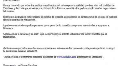 Ante el cierre de una fábrica que dejó 600 personas en la calle, Guasones suspendió su show en Chivilcoy