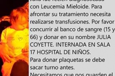 Hay que ayudar a Julia que necesita sangre y plaquetas