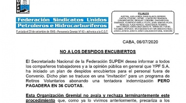 YPF ofrece doble indemnización a los que acepten retiro voluntario y el gremio les recomienda meditarlo mucho